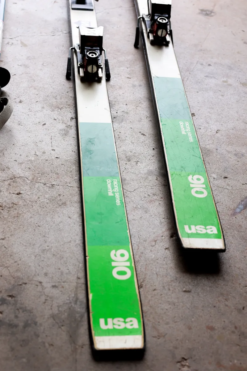Vintage Alpine Skis and Poles, Ombre Shades of Green Skis and Blue Vintage Ski Poles