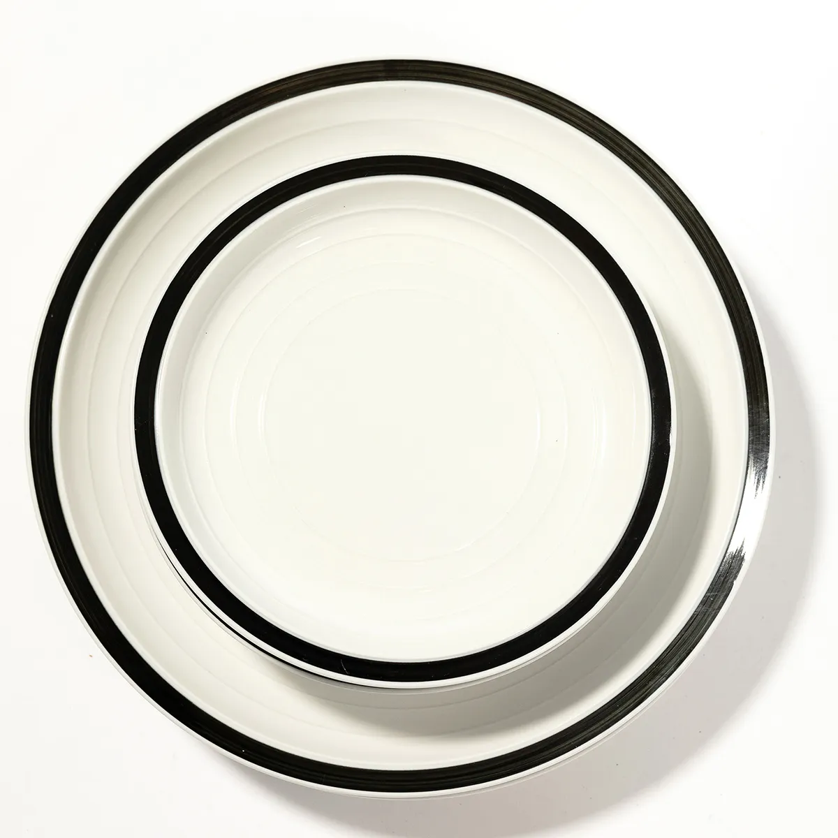 Set of 3 Cream Salad Plates with a Black Rim and 4 Bands Radiating from the Center - 7.5"