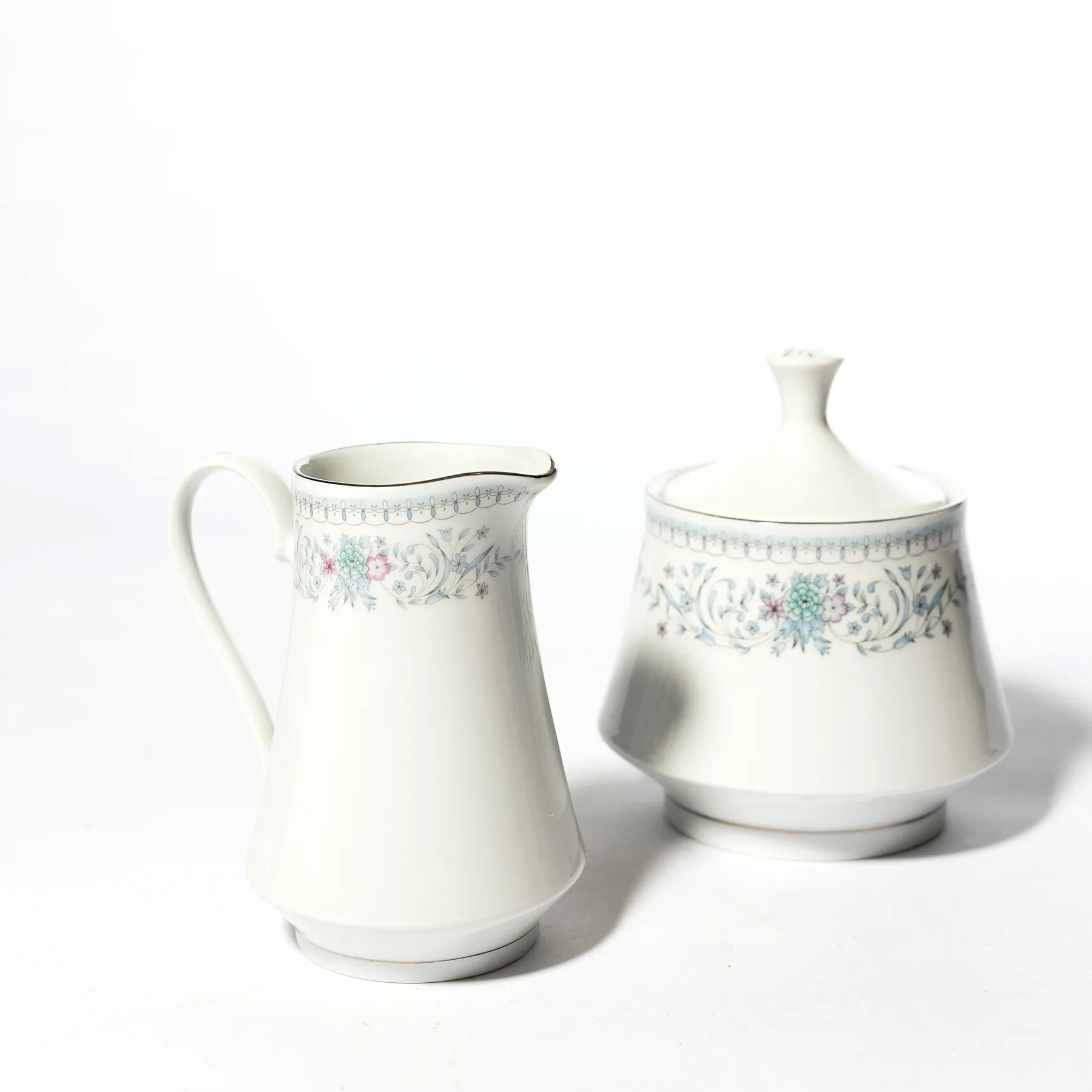 Tall Slender Bone China Creamer and Short Stout Sugar Bowl Pink and Blue Flowers and Gray Foliage Detail - creamer 5" x 4.5" - 4.5" x 4.25"