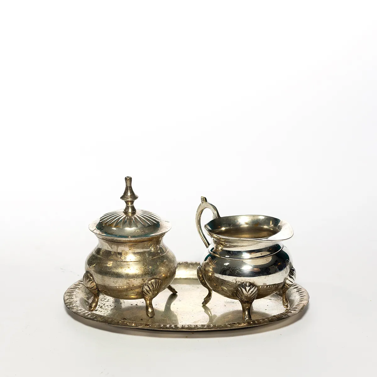 Silver  Sugar and Creamer Set and Tray in a purple velvet box - 