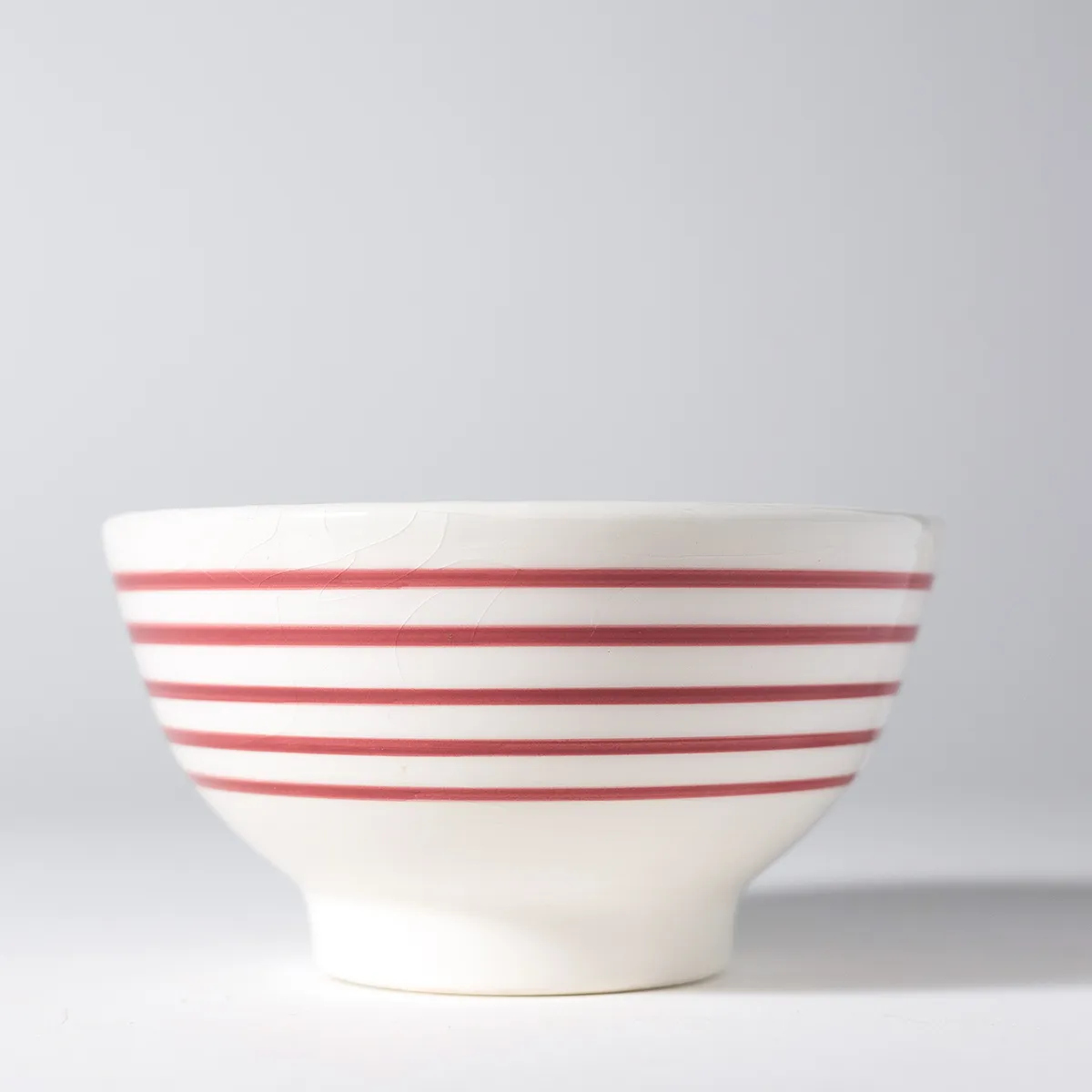 White Footed Cereal Bowl with five 5 five Red / Magenta stripes 