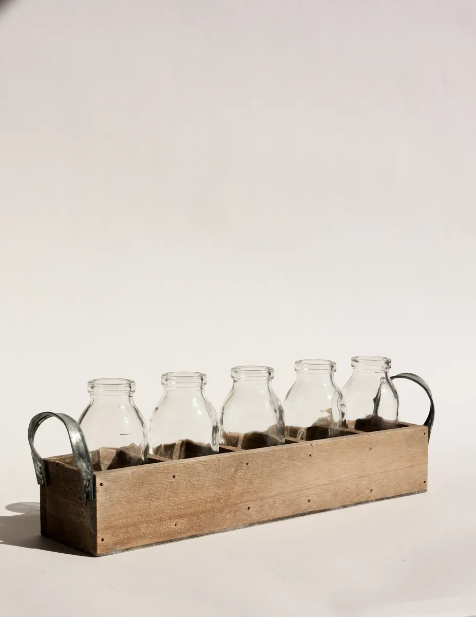 Milk Bottles & Wood Crate Petites Fleur, 5 Glass Milk Bottles