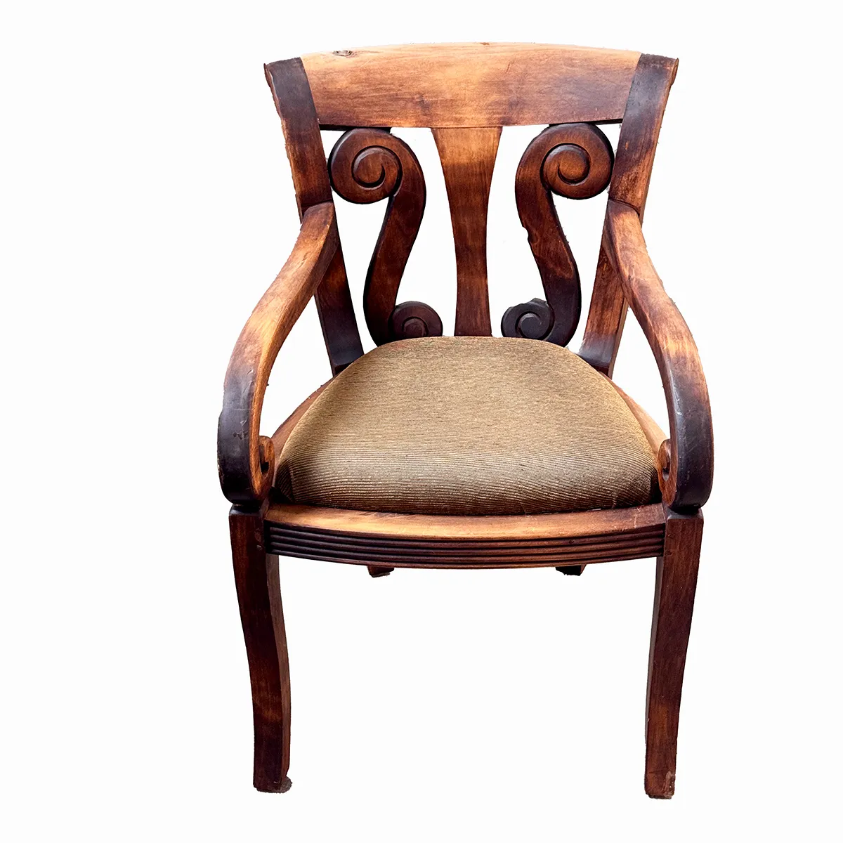 Antique Empire-Style Barrel Back Armchair with Scrolled Arms and a Brown Upholstered Cushion