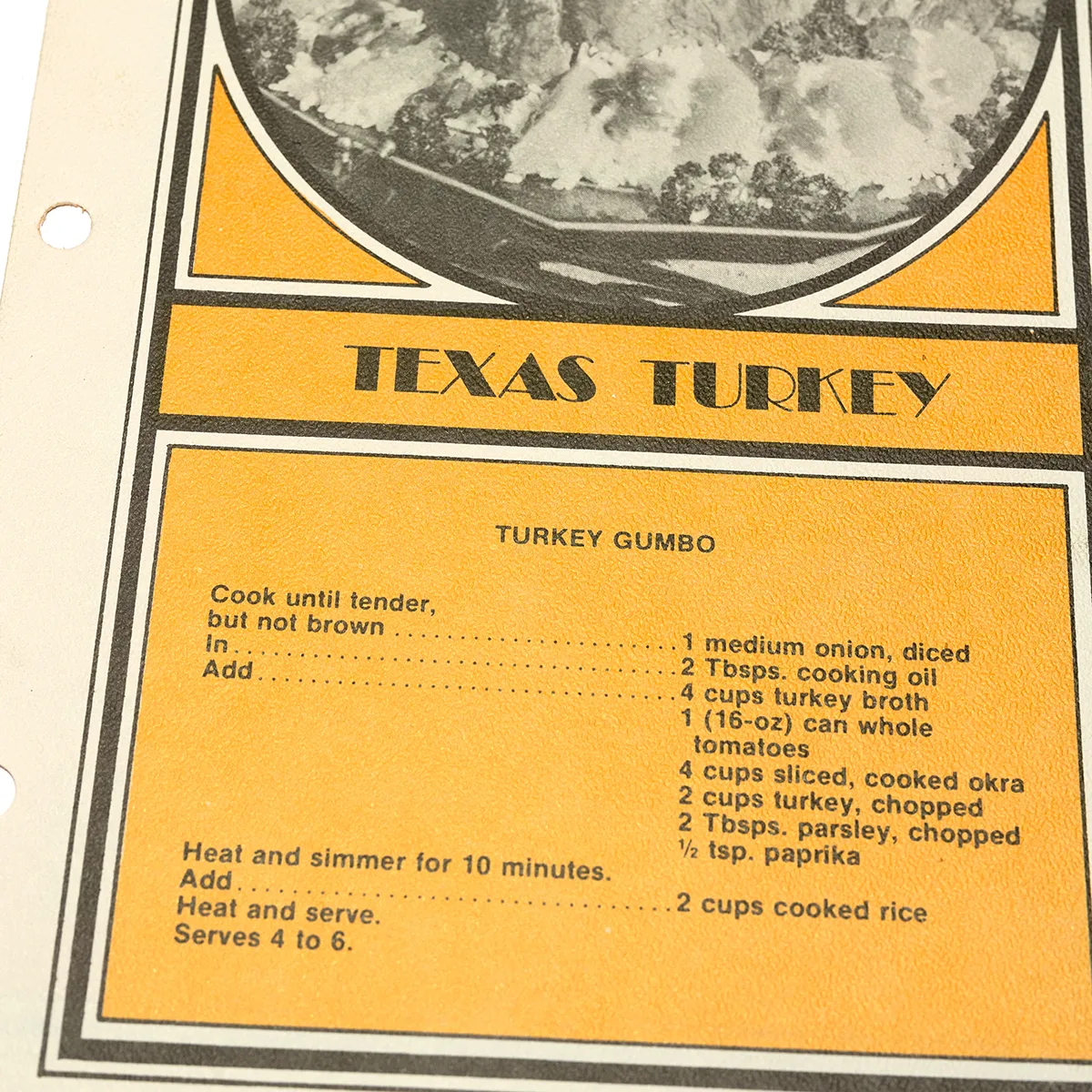 Art Deco "Texas Turkey" Recipe card orange yellow golden rod and black - 8.5" x 5.5"