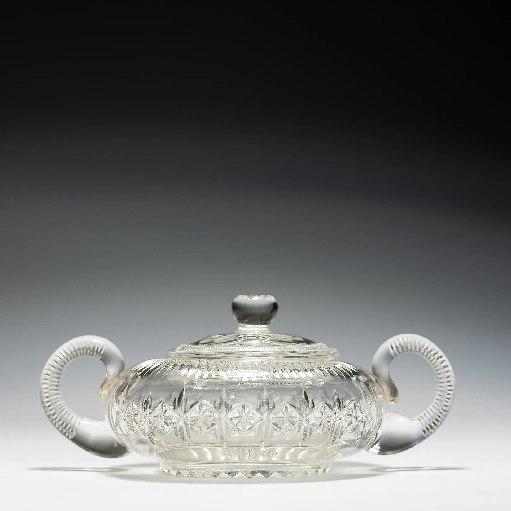 Short crystal sugar bowl with over sized handles with lid - 2.5" x 6"
