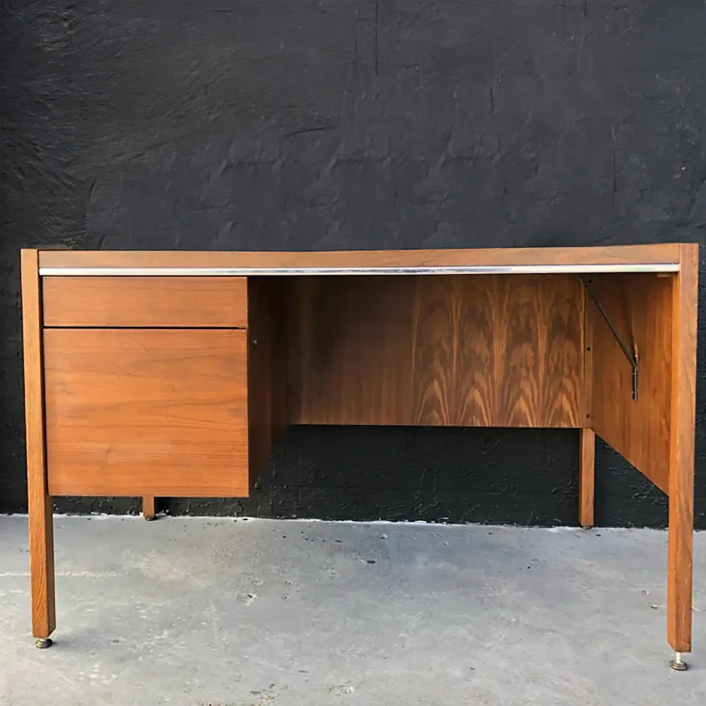 Furniture: Desk MCM Teak and Laminate 2 Drawer Mid Century Modern Walnut Brown Desk - 