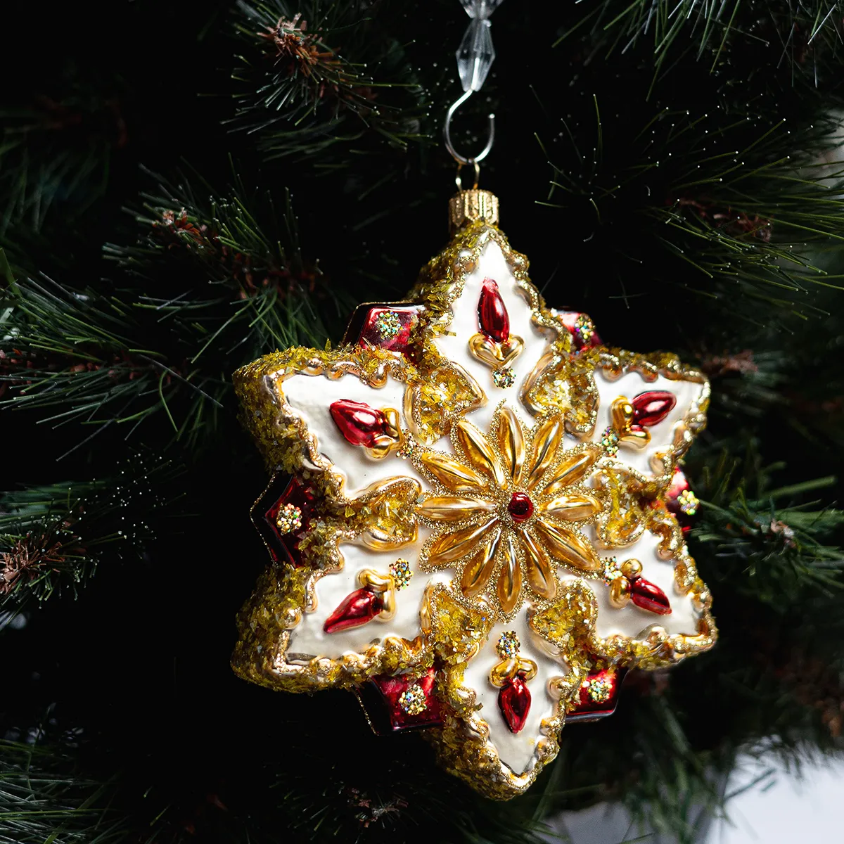  Red, Cream, and Gold Six Pointed Christmas Tree Star star-shaped design with intricate details and embellishments ornate Gold and Red Embellishments Hallmark Snowflake  