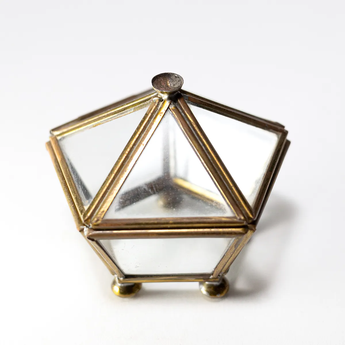 Vintage Curio Hinged Box - Brass and Glass Jewelry Casket - 3" Tall - Goth Vanity Decor Pentagon