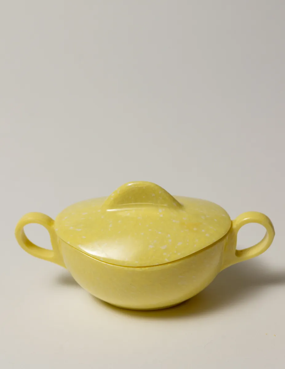 Yellow Speckled Melamine Sugar Bowl Oval with Two Handles, Vintage 1960s