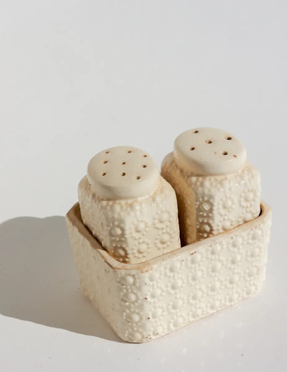 Cream Colored Japan Ceramic Salt Pepper Shakers Large Vintage in a rectangular Holder