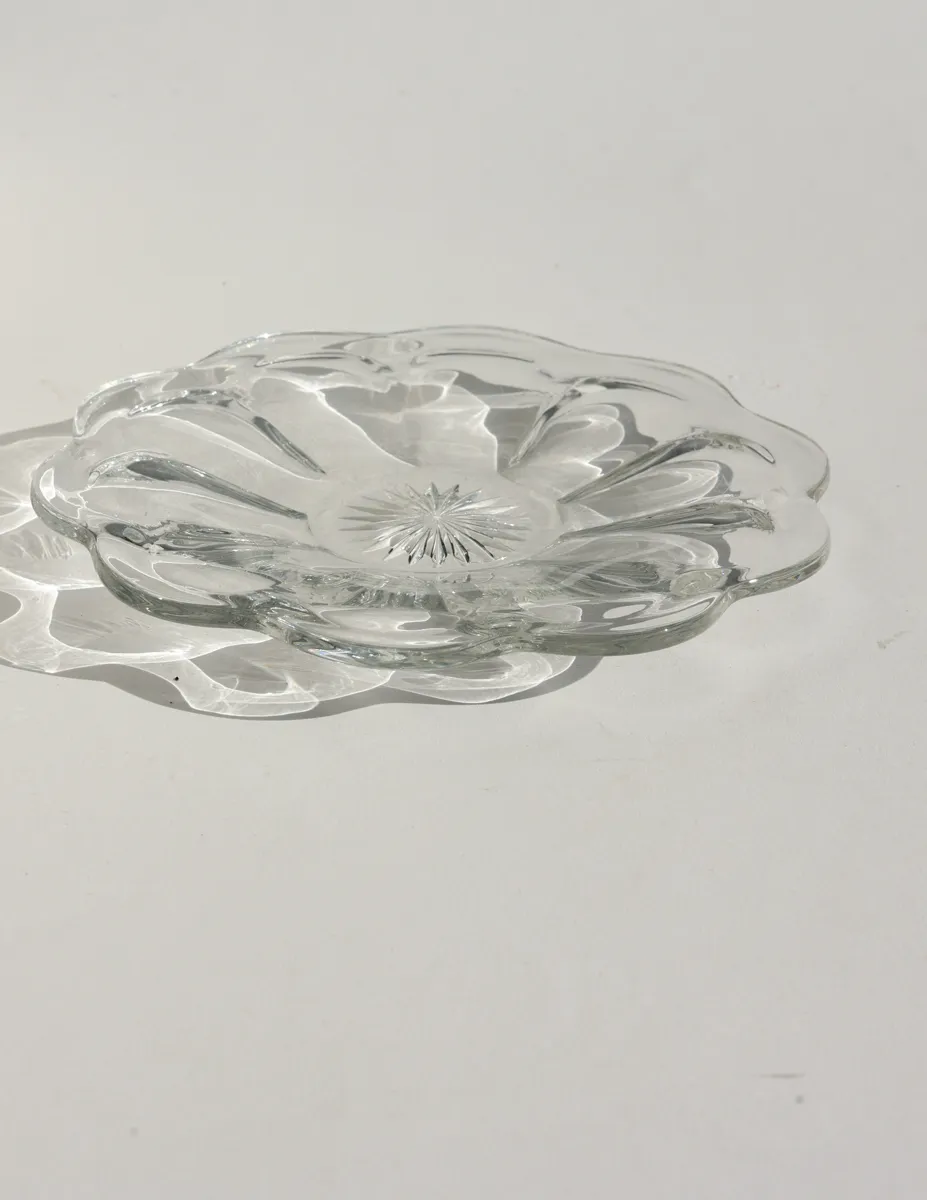 Clear Glass Dessert Plate with Scallopped Edge and Star Burst Cut Glass Center
