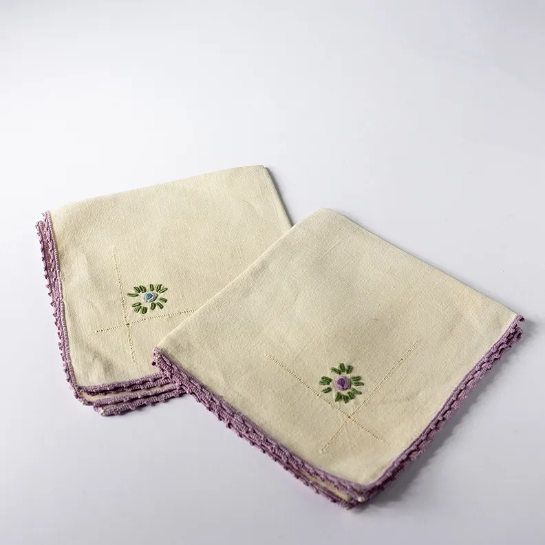 Hand Embroidered Napkins Purple Lace, Purple and Blue Flower  - 14"