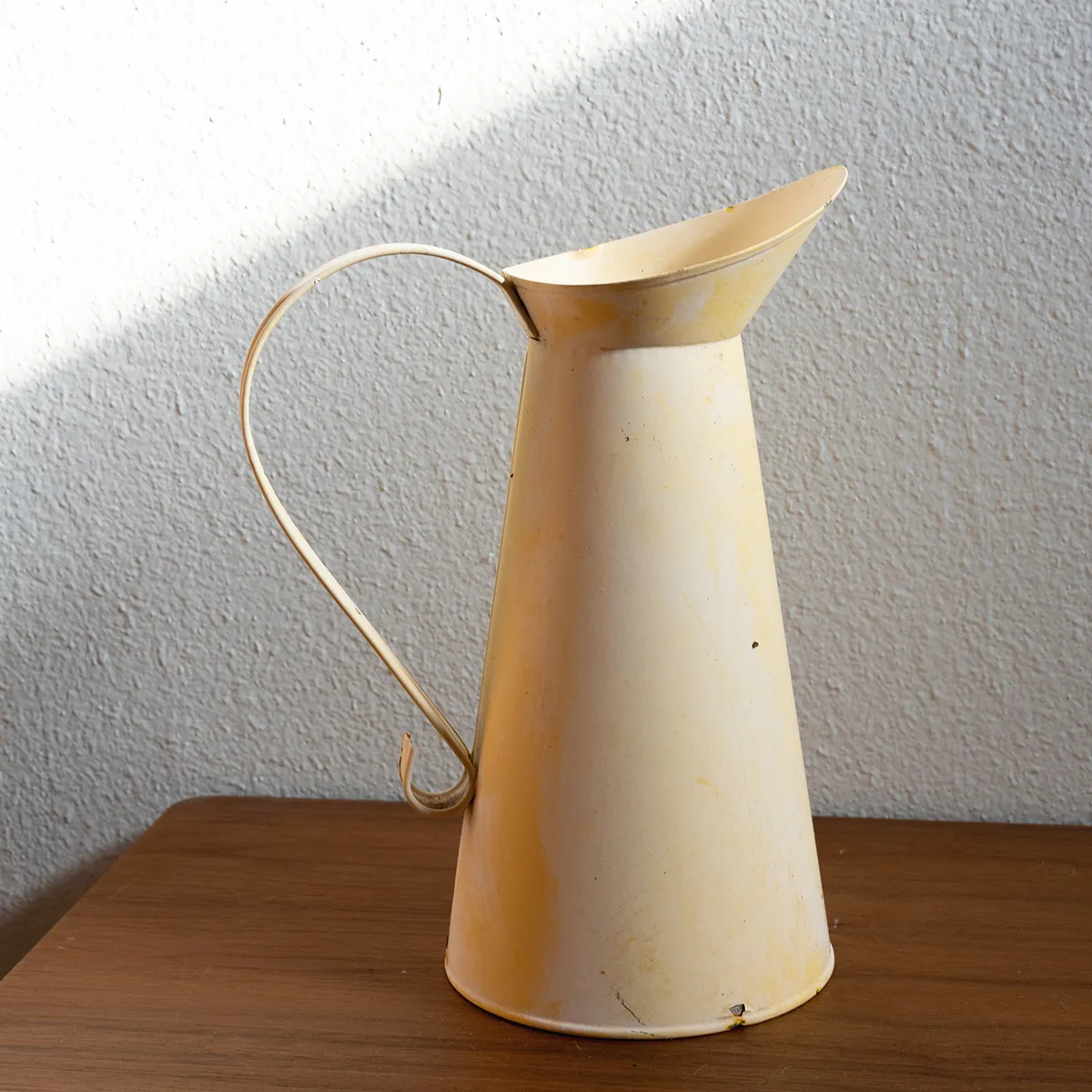 Vintage Yellow Cream Metal Garden Water Pitcher Patina, French Provençal style