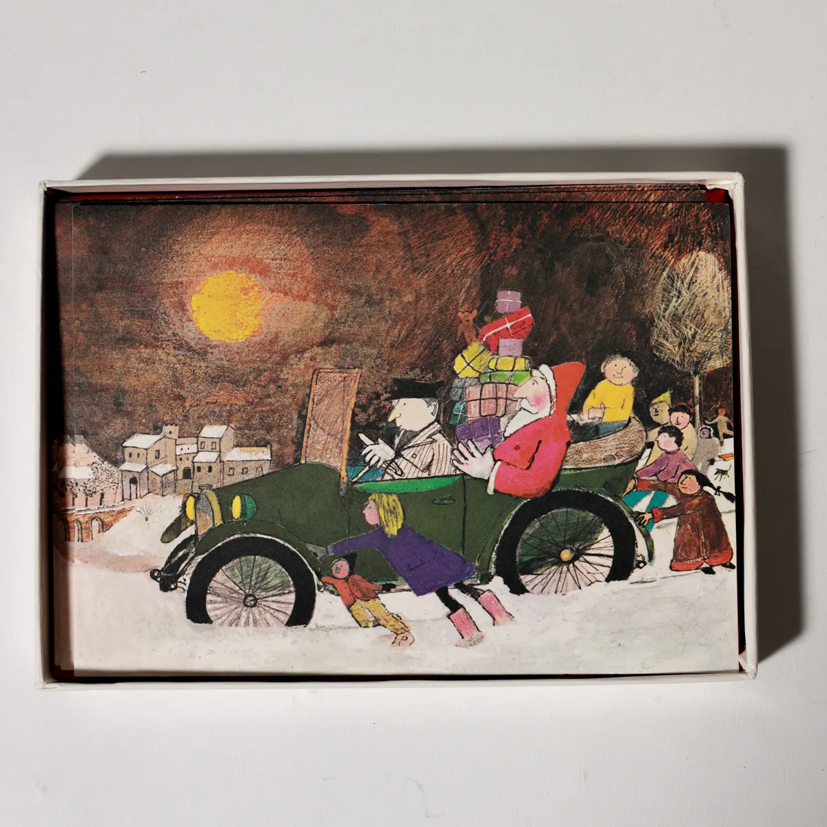 Vintage UNICEF Burningham Illustrated Christmas Card Boxed Set, Snow Scene, Green Car