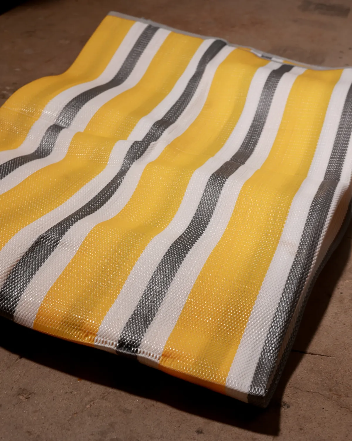 Bold Striped Yellow Gray Flatweave Woven Plastic Outdoor Area Rug