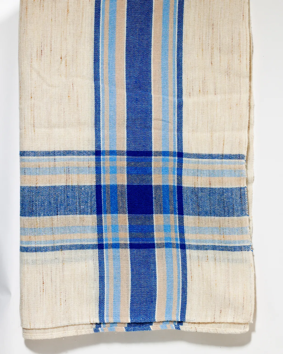 Vintage Blue Plaid Woven Linen Textile Farmhouse Tablecloth