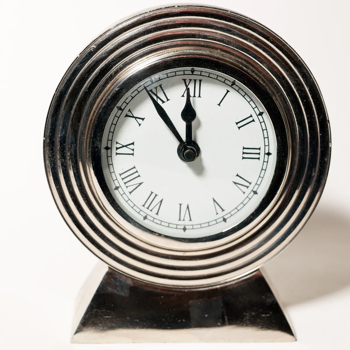 Art Deco Silver Mantel Clock Roman Numerals, 