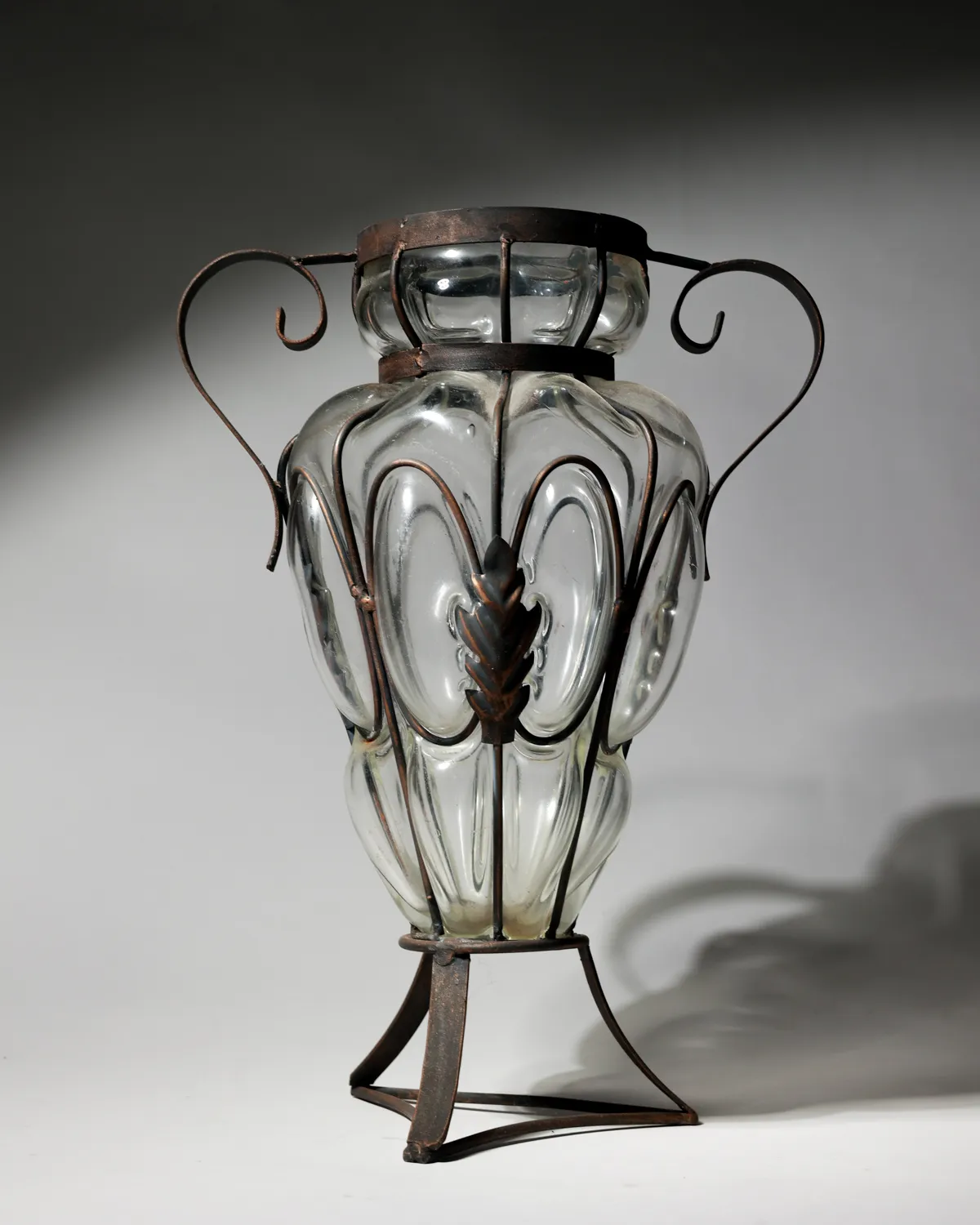 Art Nouveau Wrought Iron Bubble Glass Vase Ornate Antique