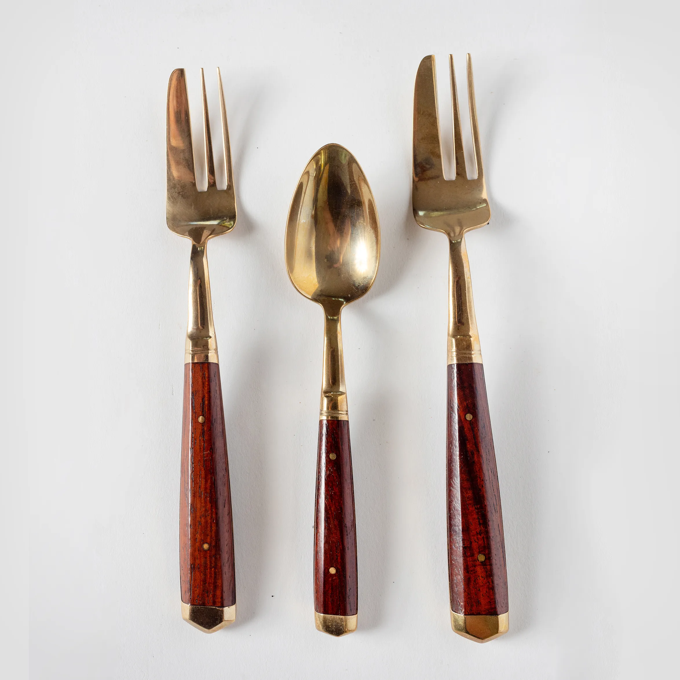 Gold Flatware Wood Handle 2 Pastry Forks, 1 Spoon - 6"