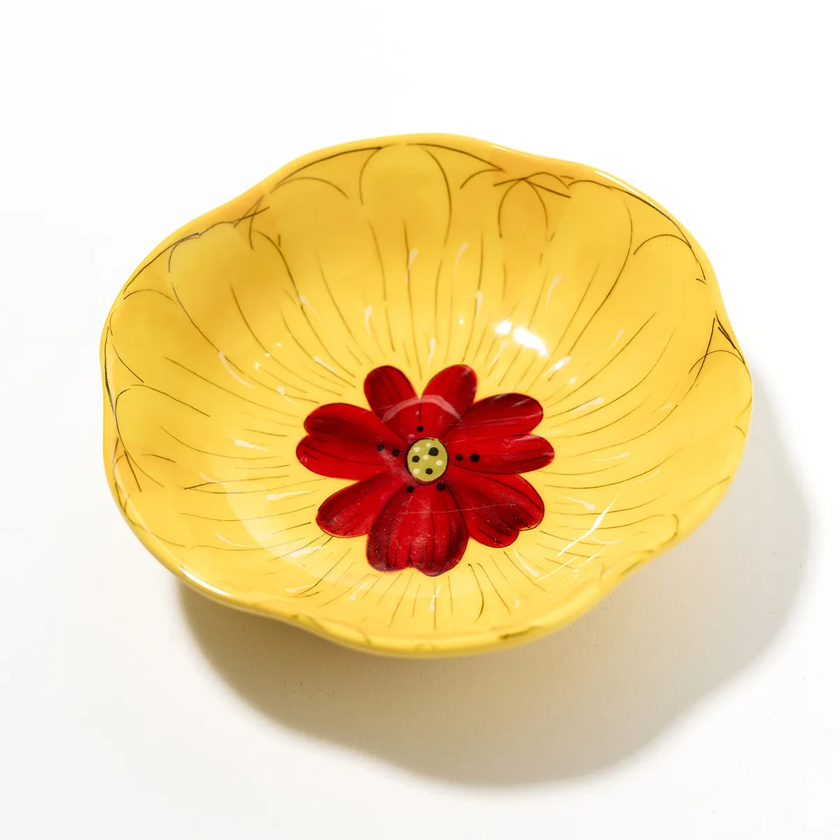 Round Yellow Plastic Bowl with a Red Flower at the Bottom Melamine - 7" x 1.75"