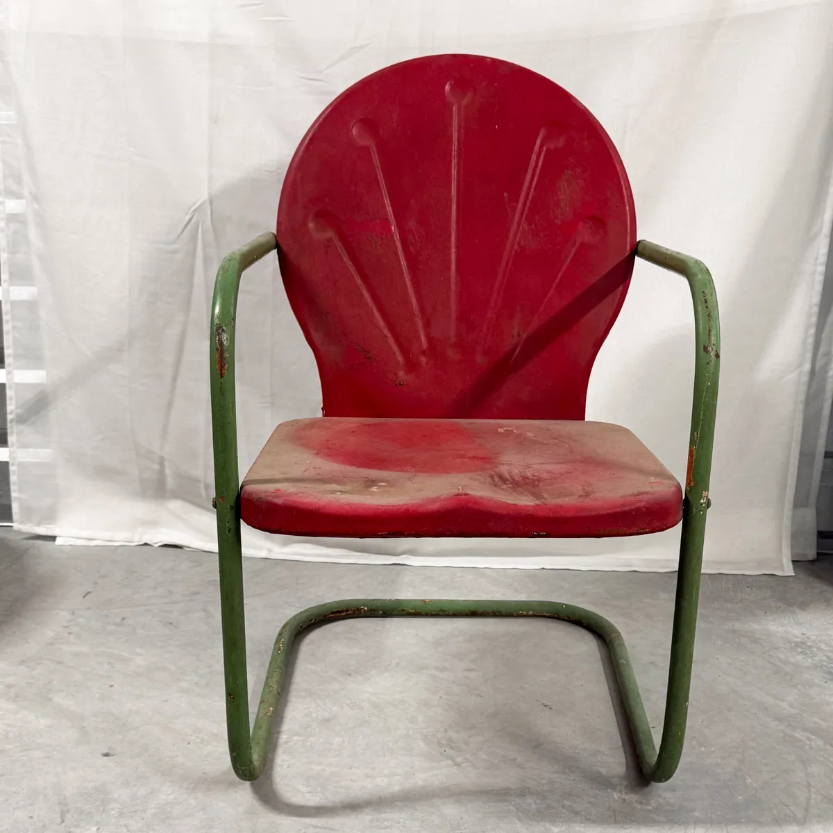 Vintage Metal Lawn Chair, Clam Shell Metal Lawn Chair, with a Weathered Red Finish and Green Arms