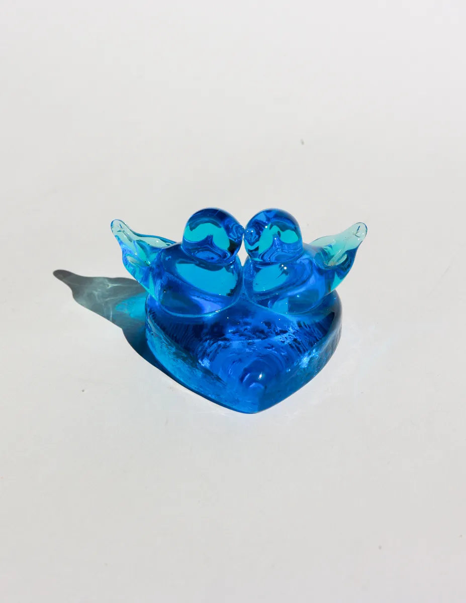 Blue Glass Love Birds on Heart