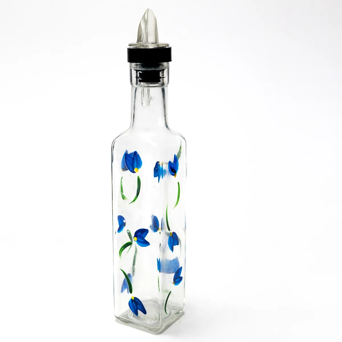 Blue Flowers Hand Painted Cruet 16 oz. Square, Oil Pourer