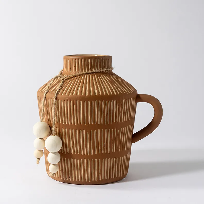 Rustic Ceramic Farmhouse Boho Flower vase - 7" x 8" with handle