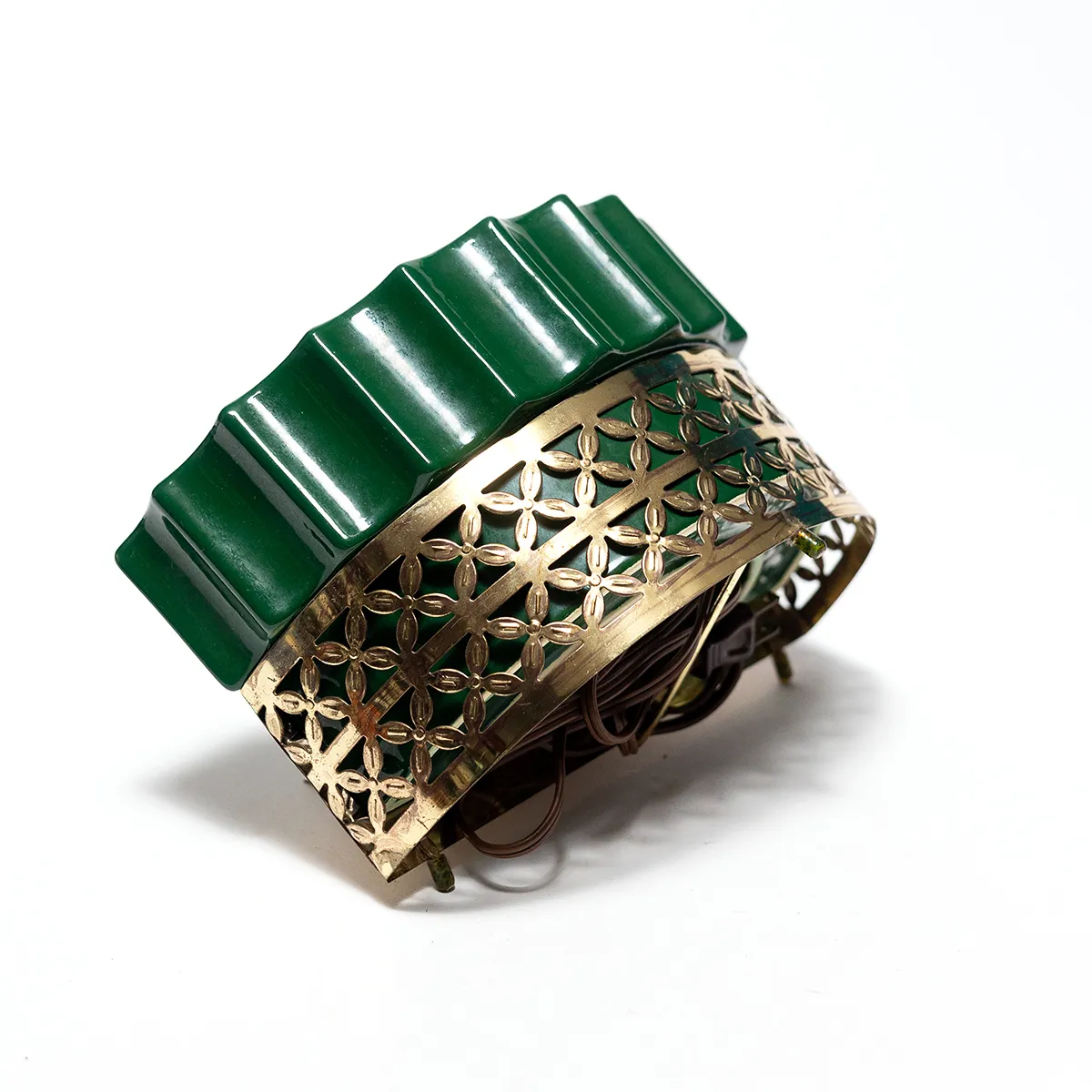 VINTAGE MCM  Green Lamp Planter Brass Wire Base Half Circle with Light in the Back - Vintage Maddux of Calif. T.V. Light Planter. Crescent Shape Planter. Ornate Metal Base