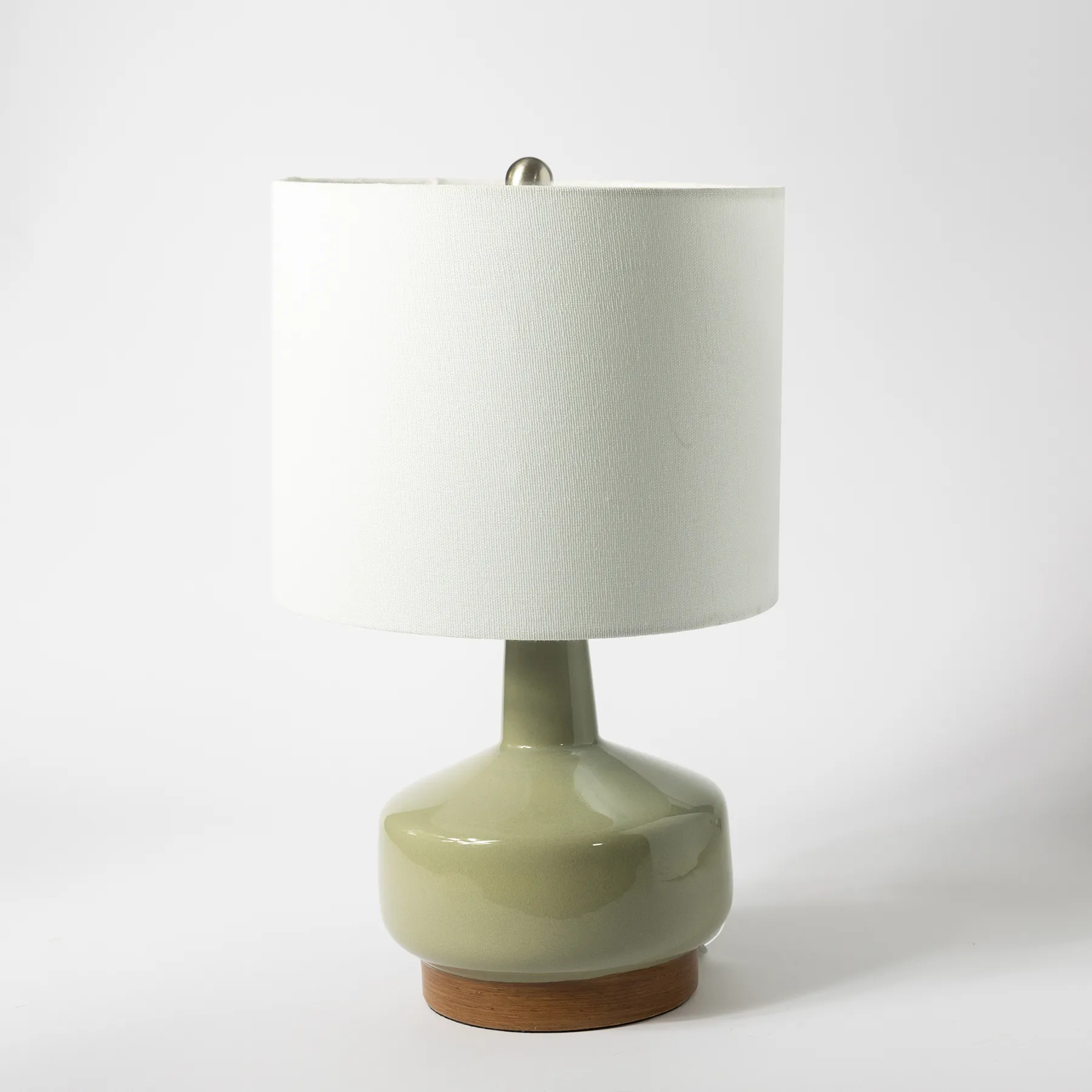 Wide Based Low Profile Gray Green lamp with faux wood base - 16" x 10"