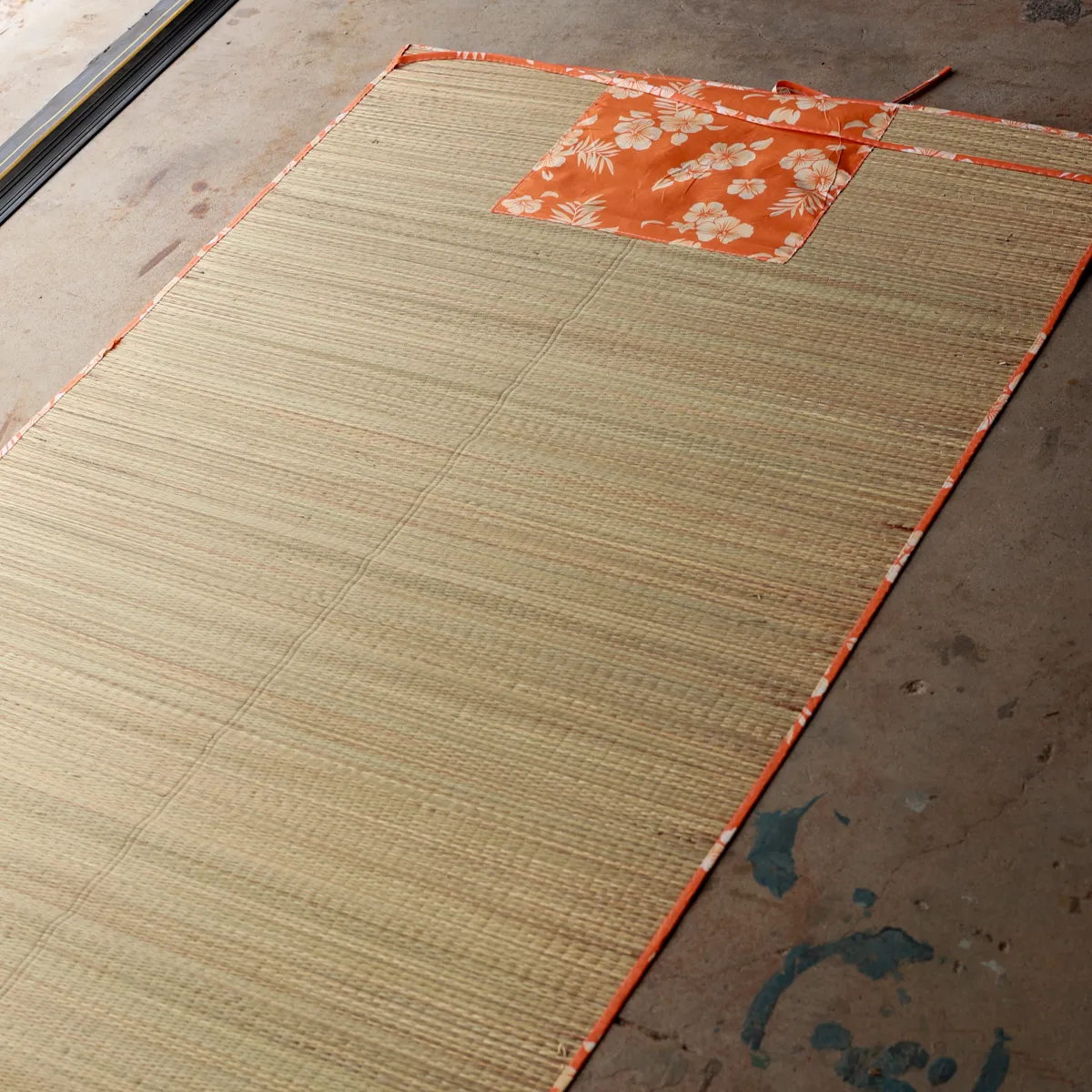 Rolled Hawaiian Straw Beach Mat Orange Floral