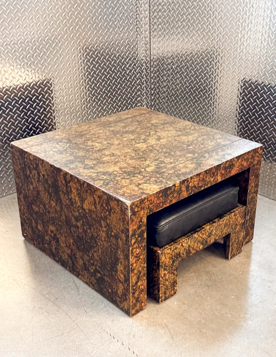 1970s Solid Wood Square Waterfall Coffee Table with a faux tortoiseshell finish with matching black leather stool