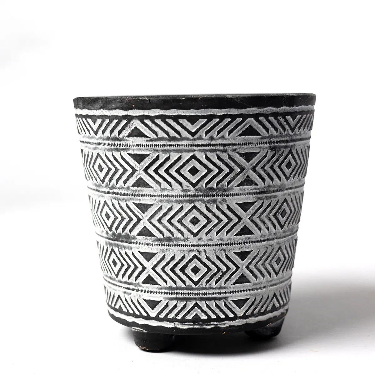 Clay Planter Pot Dark Gray with White Geometric Design
