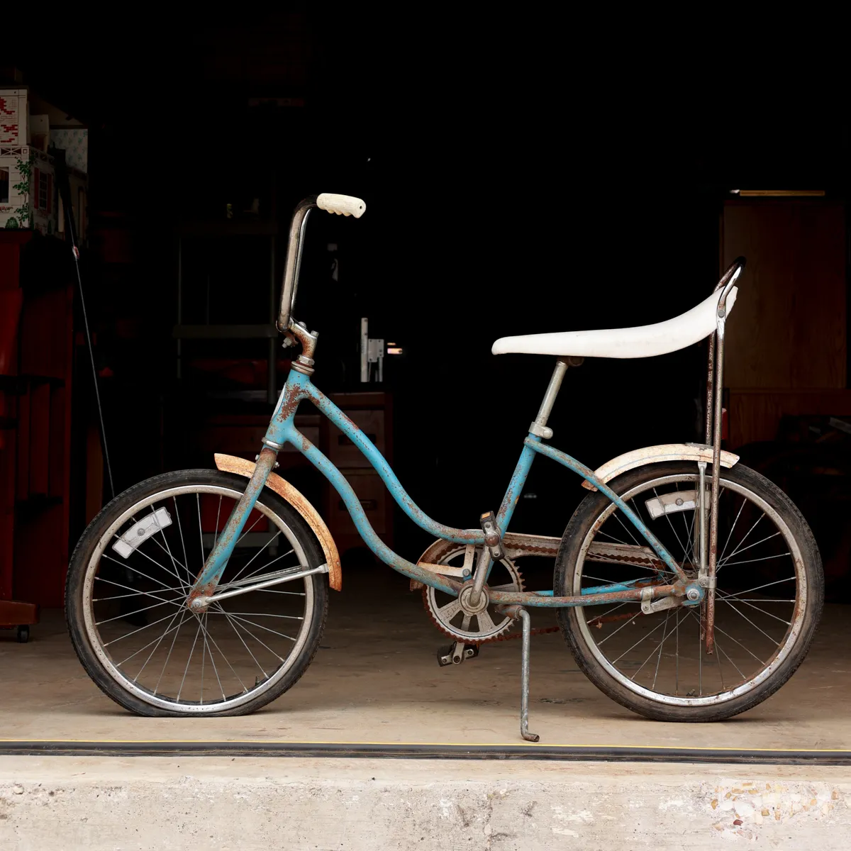 Vintage 1960s Blue Banana Seat Bicycle Rustic Chrome