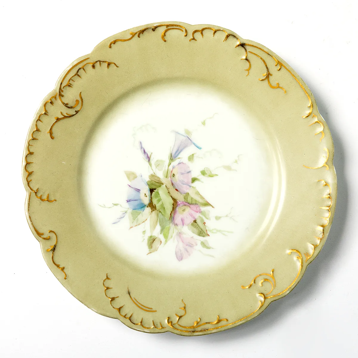 Gray Green Limoges Dish with hand painted purple and violet flowers on the center with hand painted gold detailed trim