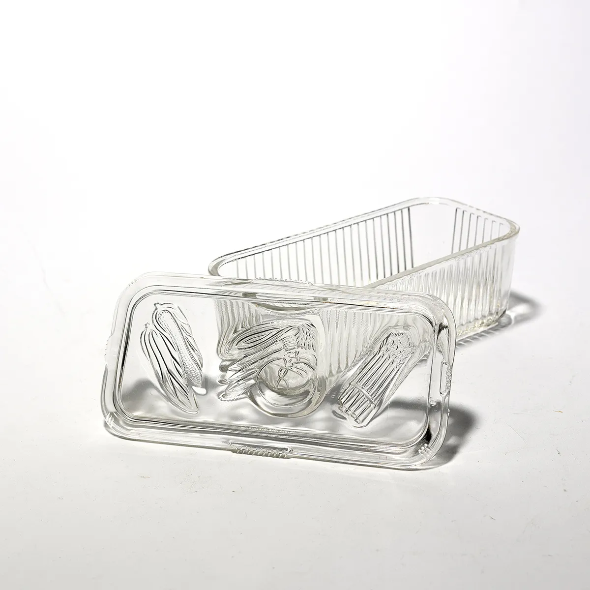 Vintage Federal Glass Ribbed Refrigerator Covered Dish Rectangular, Deep, Clear with pressed corn, tomato, asparagus, squash on the top