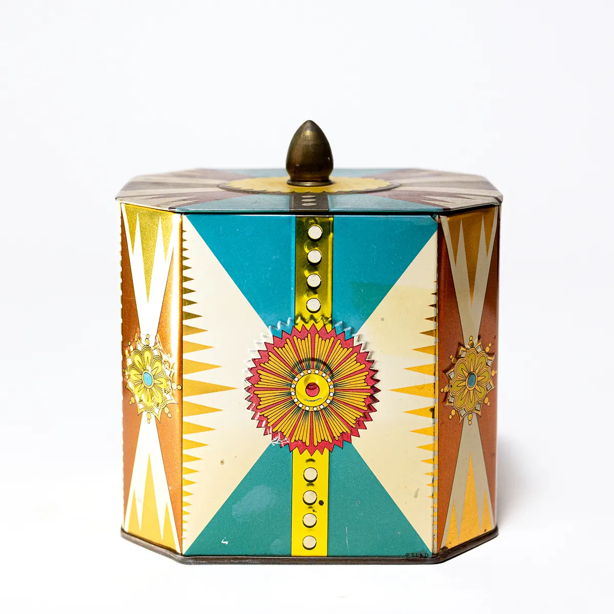 Colorful Vintage Baret Ware Metal Tin For Tea, Candy Geometric Flowers