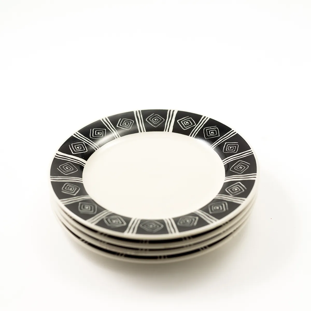 Sakura Majesticware, Inca pattern swirls and lines, black and cream, saucer plate - 6.5"