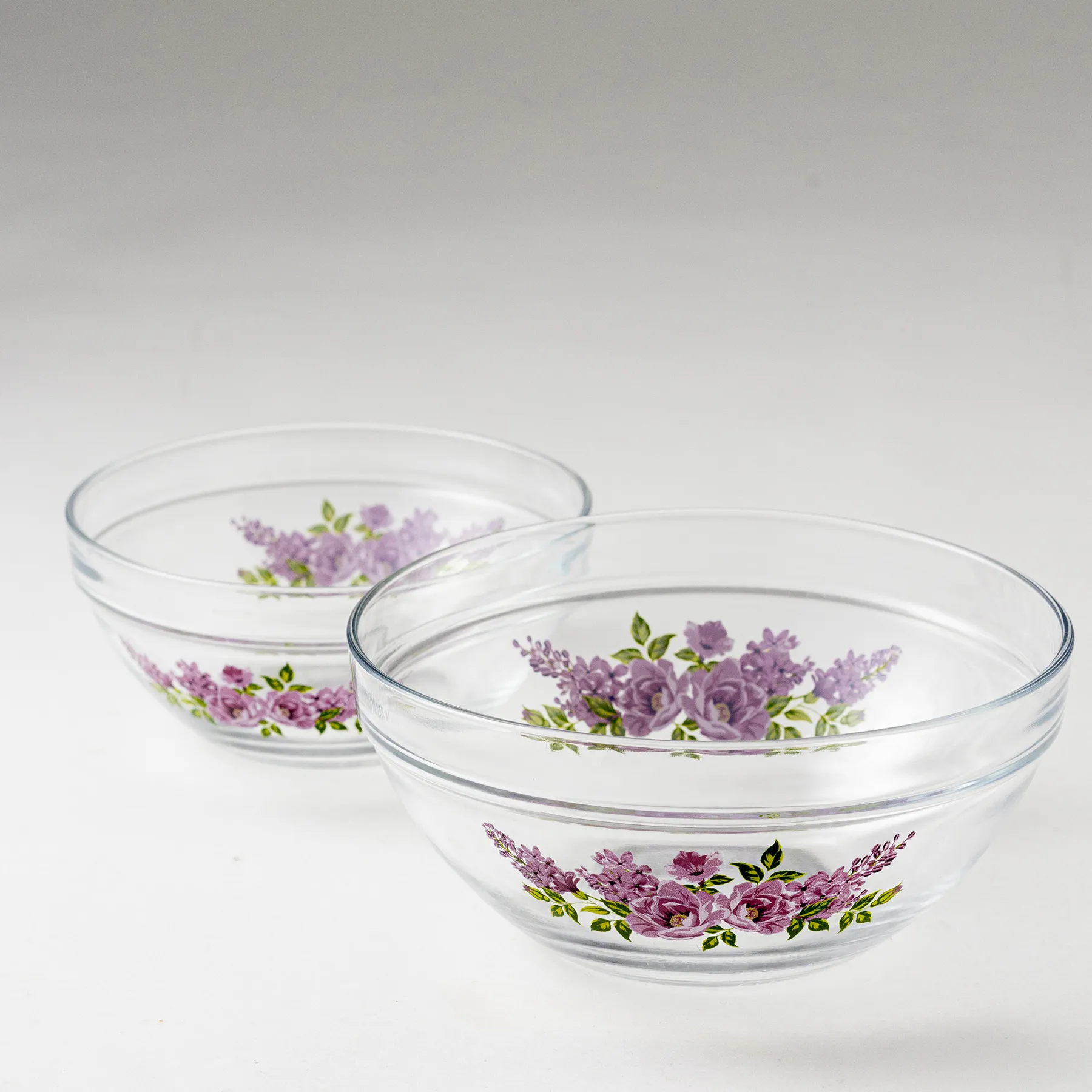 Clear Glass Nesting Bowls with Purple Roses and Lilacs Detail
