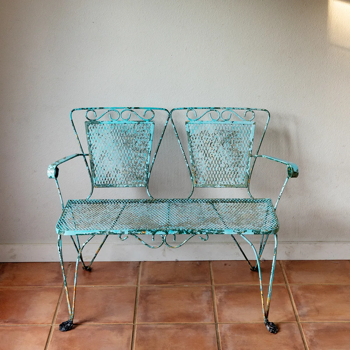 Shabby Sheik Vintage Green Distressed Wrought Iron Garden Bench, Love Seat 
