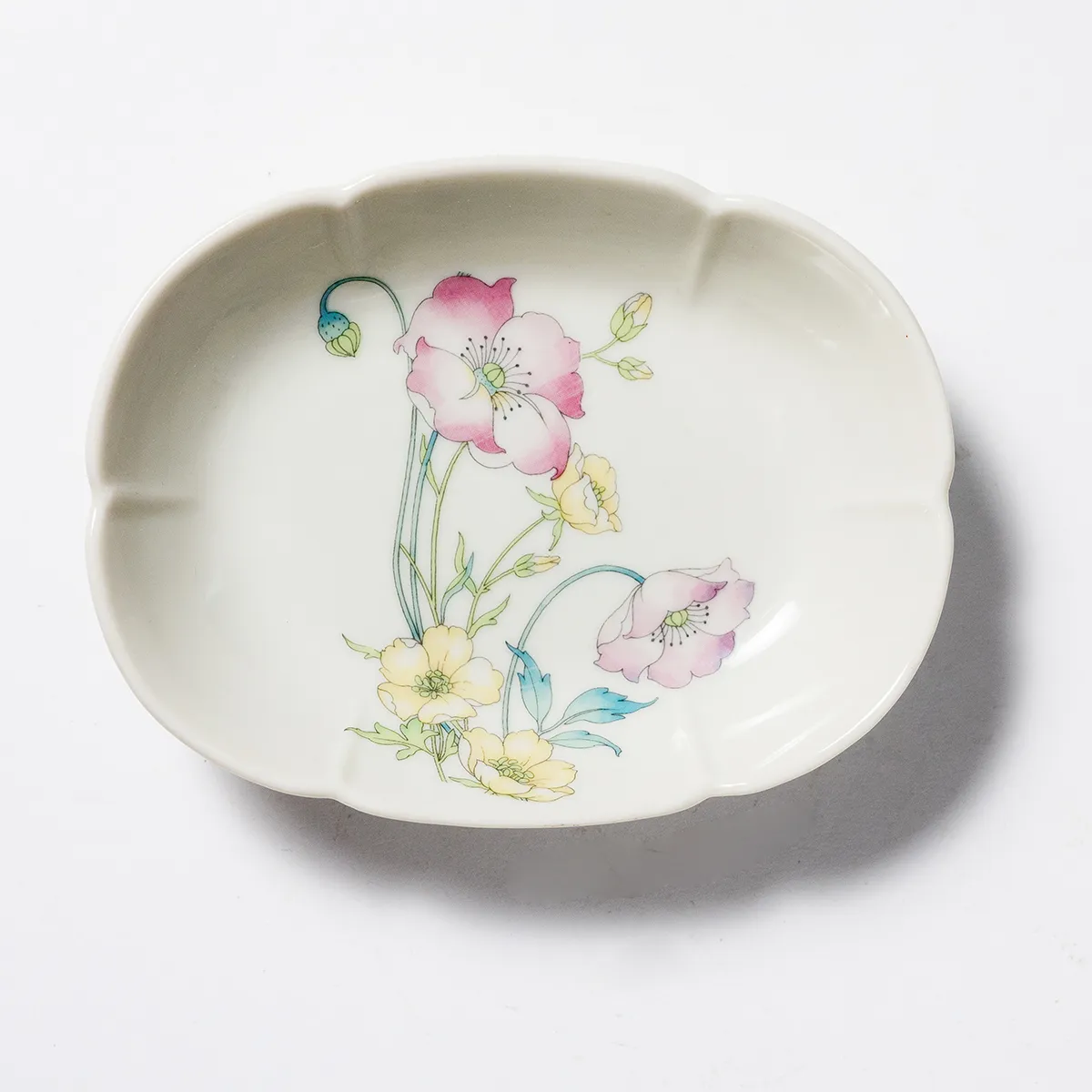 Bathroom Soap Dish, Trinket Ring Dish White with Pink, Blue, and Yellow Flowers