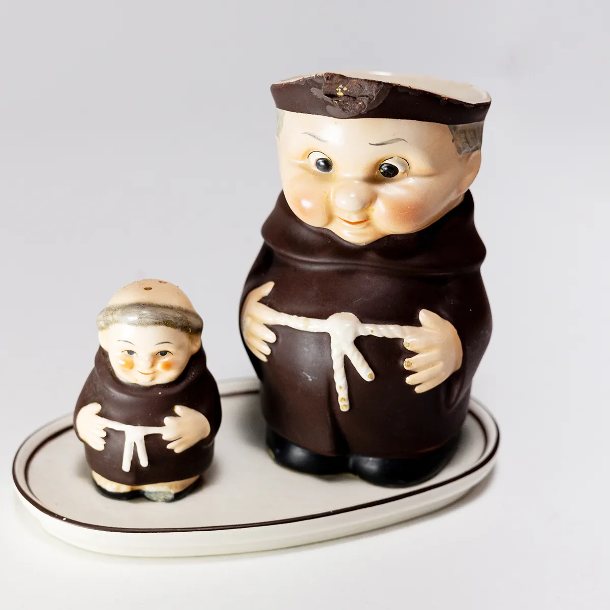 Vintage Goebel Porcelain Monk Salt Shaker with Large Milk Pitcher Broken Handle With Undertray Bee Mark