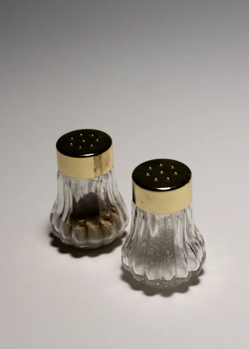 Dainty Ornate Small Clear Salt a Pepper shaker with gold screw top