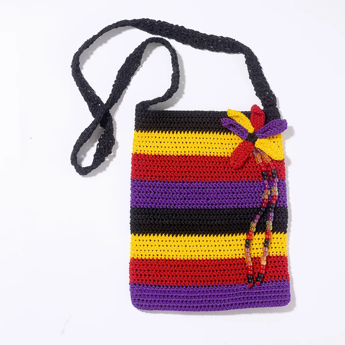 handmade crochet satchel hand bag with a flower and beads purple red yellow black - 11" x 8.75"