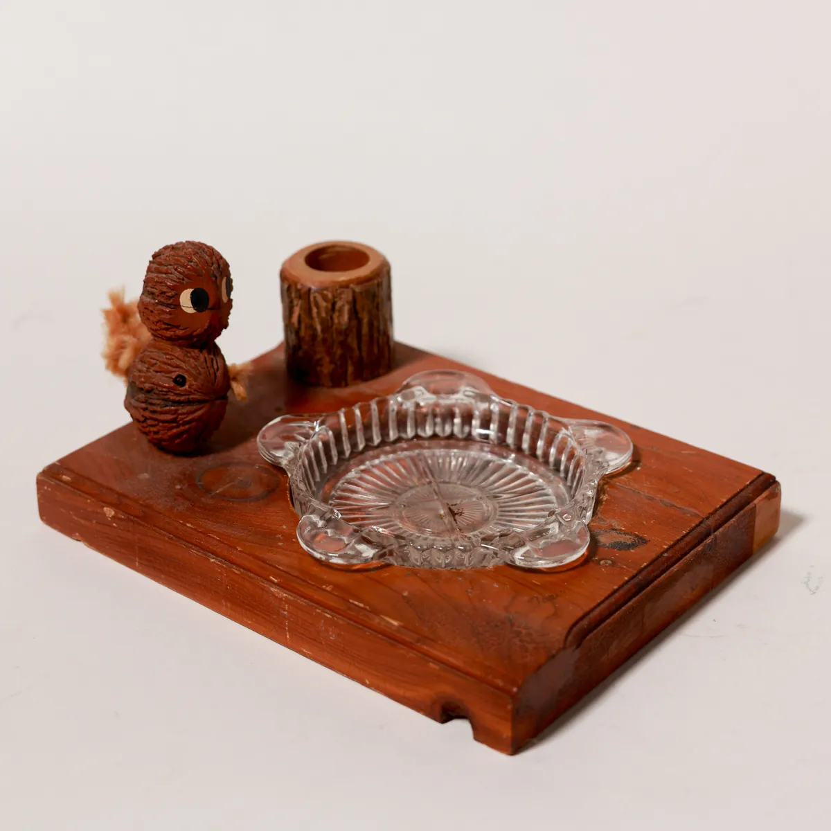 Mid-Century Walnut Owl Novelty Smoking Ashtray Set