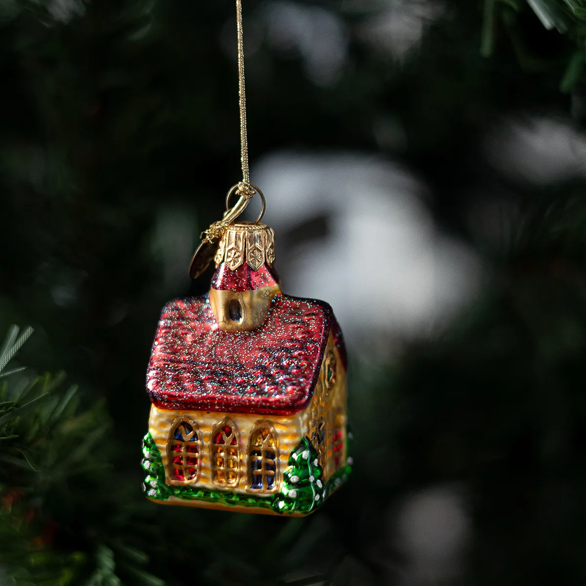West Germany hand blown glass church christmas tree ornament Gold with red roof / vintage colorful Christmas tree bulb