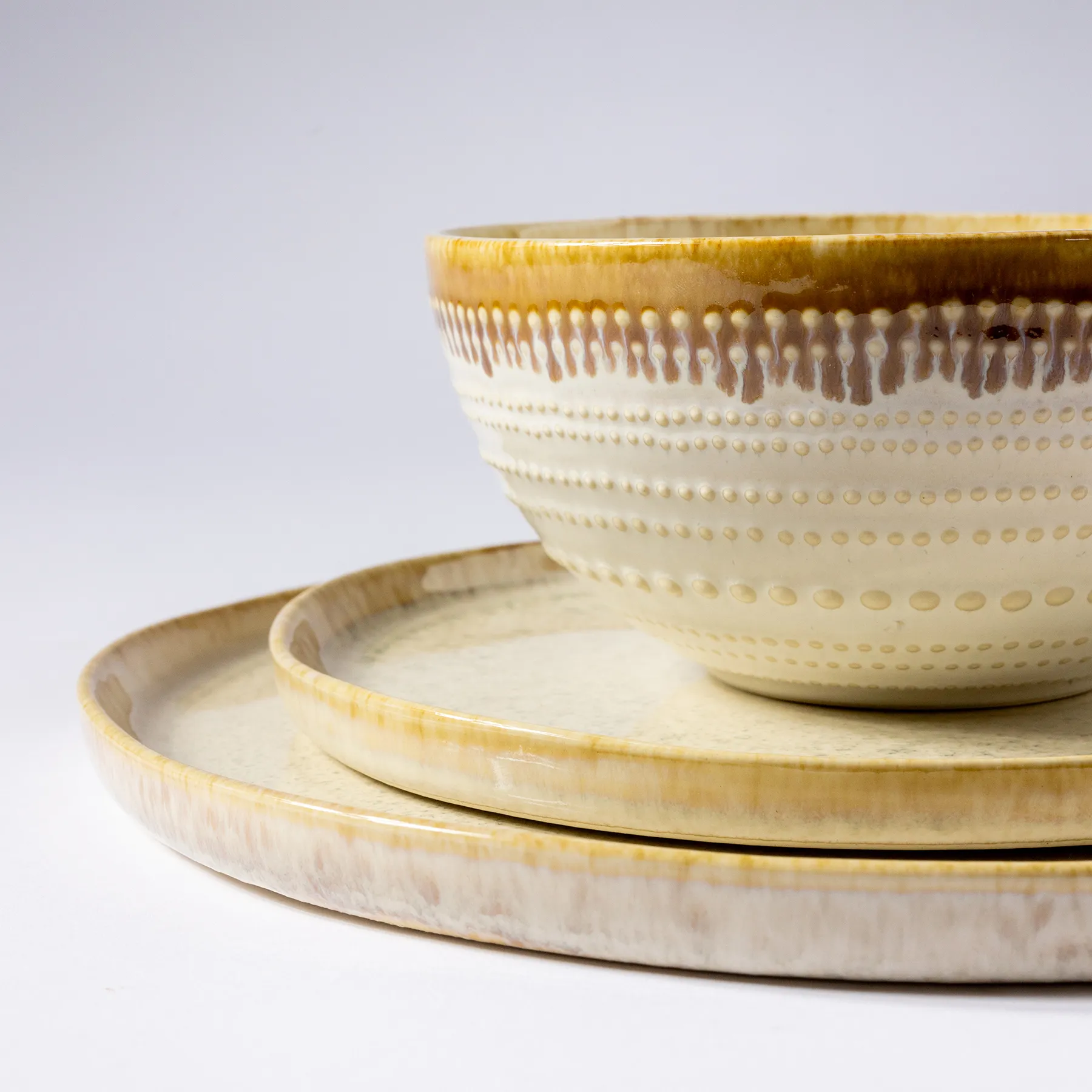  Egg Shell Dinnerware set with ochre paint drips Bowl 6.25" x 3"