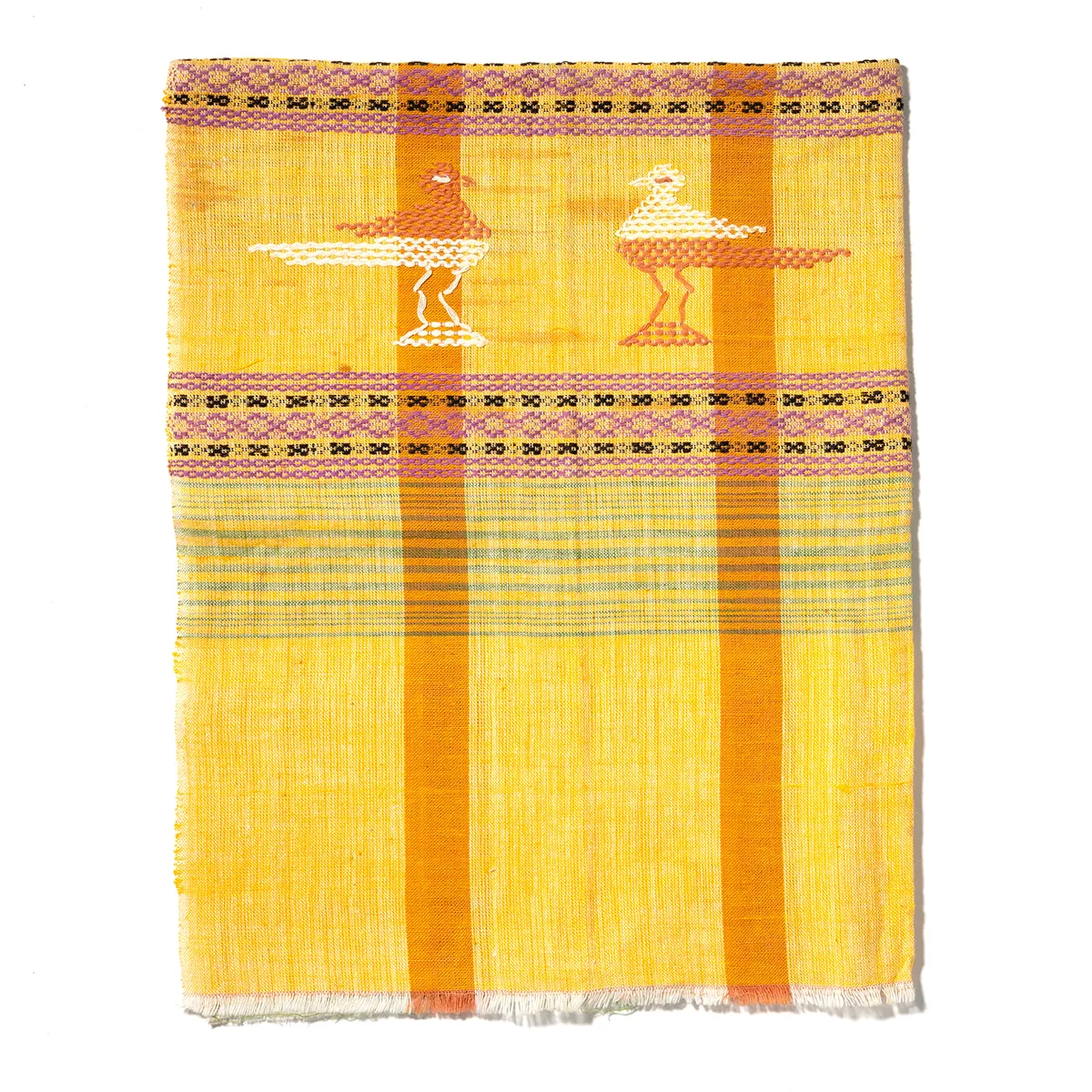Large Plaid Pale Yellow Dish Towel Cloth with embroidered birds and a raw unfinished edge