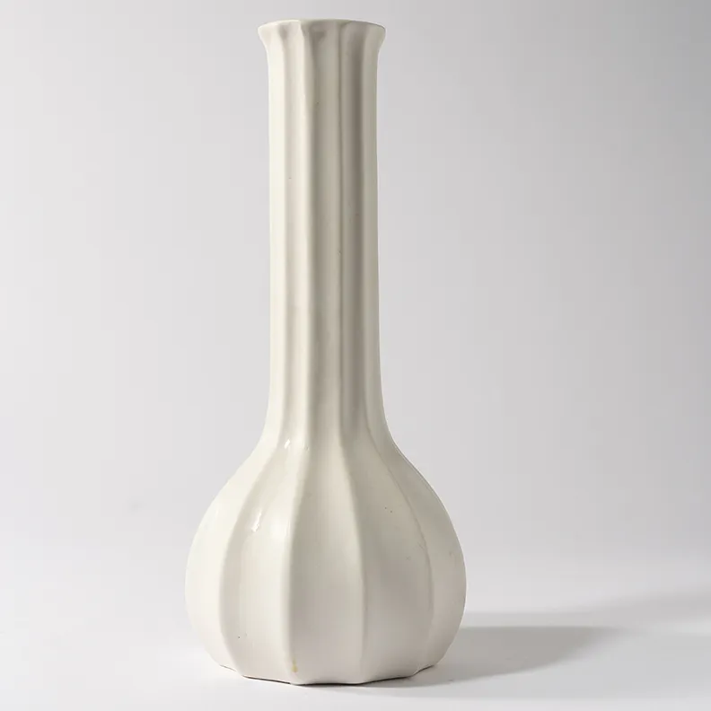 White Ceramic Fluted Long Neck Vase - 11.75" x 5.25"
