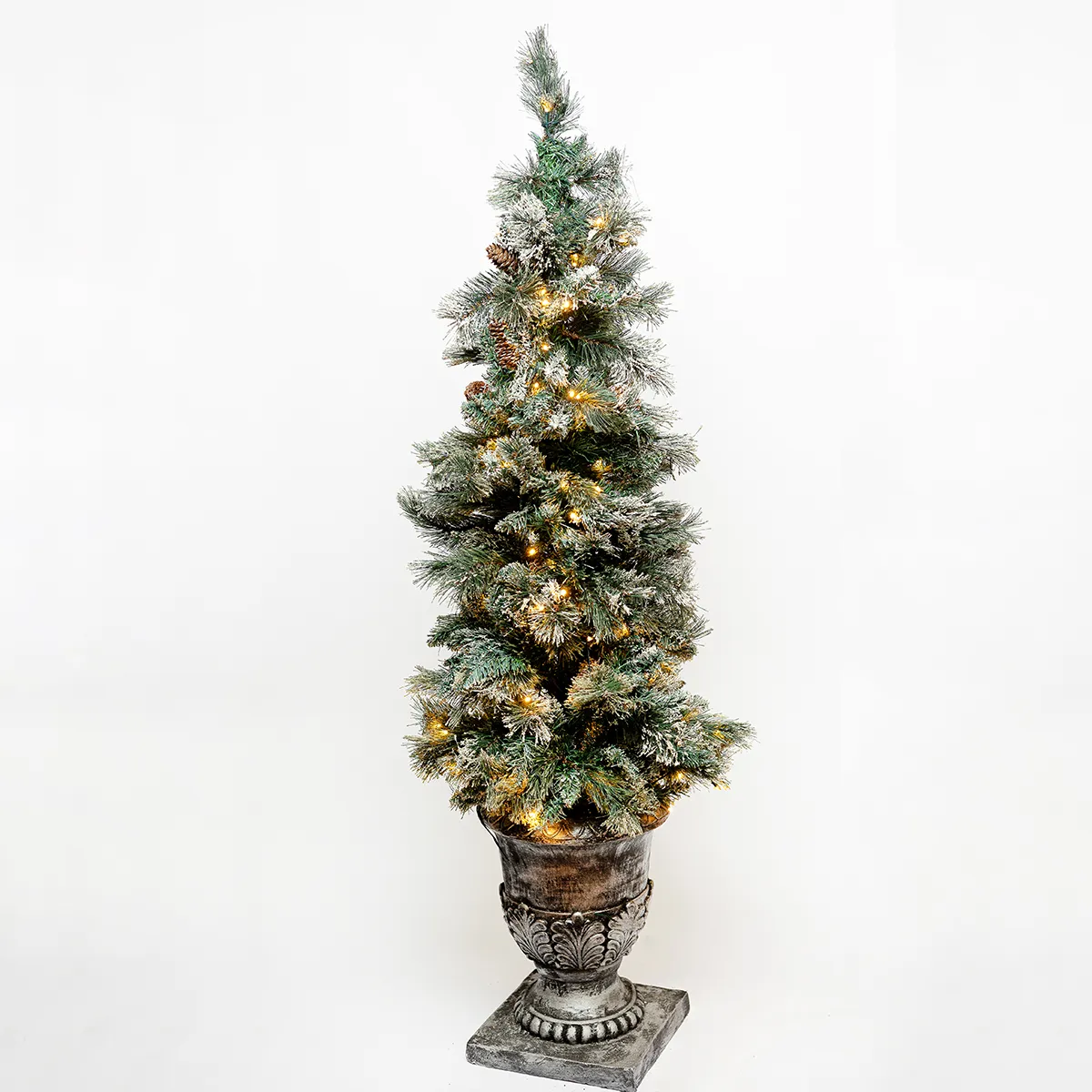 Topiary sized prelit Christmas Tree Decor in a decorative urn